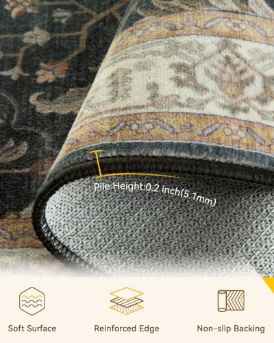 RELEANY Washable Area Rug, Runner 2'x9', Black/Vintage/Beige