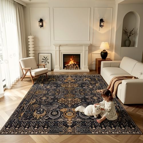 Ruaruarug Washable Area Rug 8×10 Ultra Soft for Living Room, Black and Gold