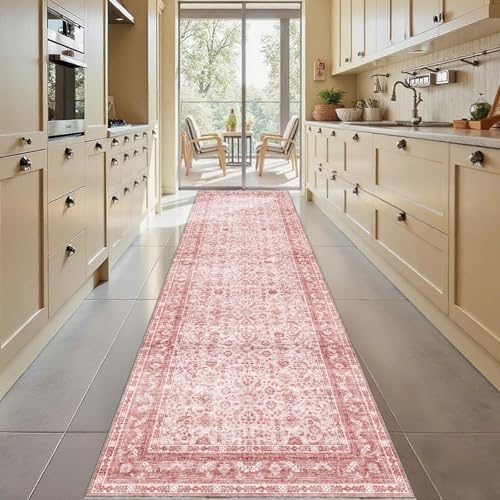 OPPODREAM Vintage Pink Area Rugs 3x10, Washable Rug for Living Room