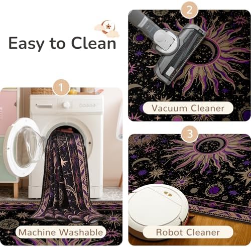 Vacuum-Friendly, 2x3 Washable Area Rug, Black Purple Beige