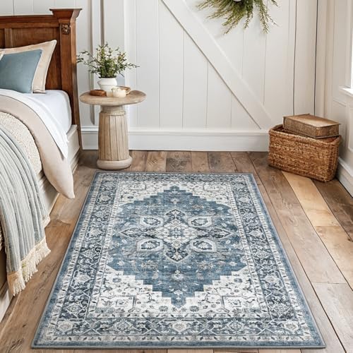 Amada 3x5 Washable Area Rug for Bedroom, Blue, Vintage Pattern