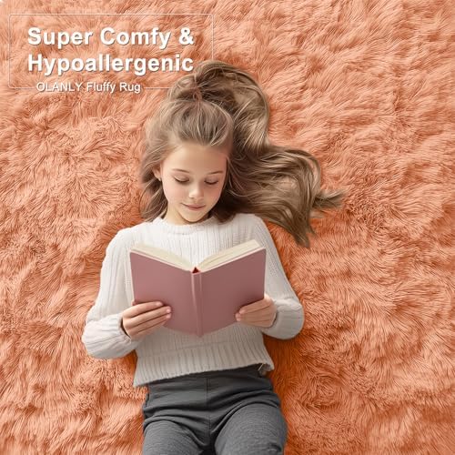 OLANLY 8x10 Machine Washable Large Area Rugs for Living Room, Bedroom, Soft Fluffy Shaggy Bedside Rug, Indoor Floor Carpet for Kids Girls and Boys, Dorms, Nursery, Home Decor Aesthetic, Muted Orange