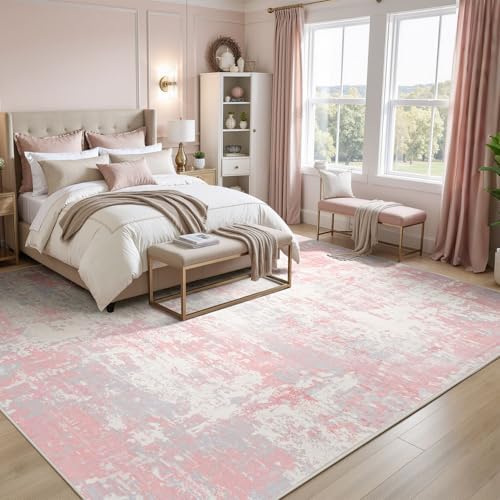Rugflix 9x12 Area Rugs for Bedroom, Washable Pink Large Rug