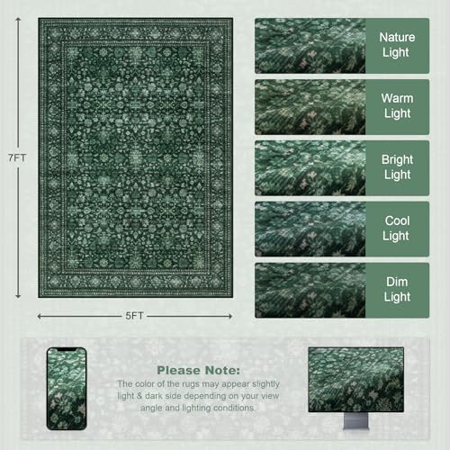 5x7 Area Rugs Living Room: Washable Rug for Bedroom Deep Green