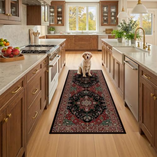 RELEANY Washable Area Rug, Runner 3'x8', Red/Black