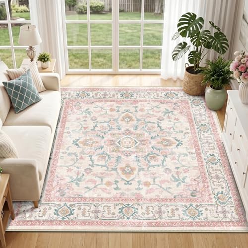 CAPALOCA Square 6ft Washable Nursery Girls Low Pile Area Rug Pink Teal