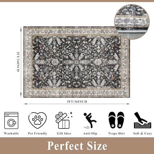 2x3 Rug Non-Slip Washable for Kitchen – Boho Small Throw Rug for Sink & Entryway, Soft Low Pile Thin Indoor Mat for Pet Area & Bathroom (Black, 2x3)