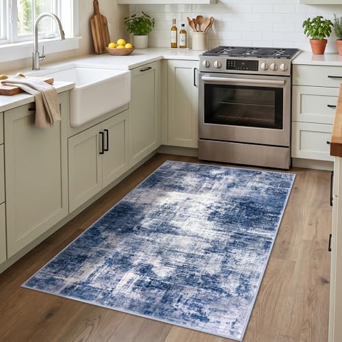 IOHOUZE Abstract Area Rug 3x4 Ft Washable Rugs for Entryway Indoor, Non Slip Kitchen Rug Printed Faux Wool Throw Rugs, Indoor Door Mat for Door Entrance Foyer Living Room, Navy/Grey