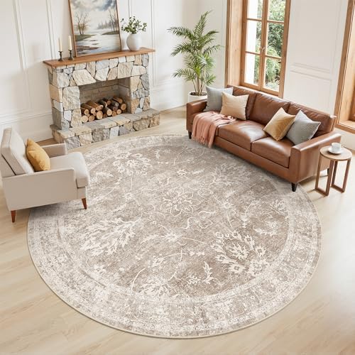 Madane Washable Round Rug 8ft for Living Room, Soft Neutral Rug Brown/Sand