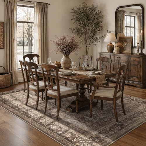 JOOJA 5x7 Dark Brown Vintage Washable Area Rug, Low Pile Living Room Rug