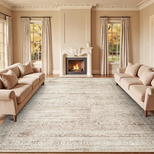 9x12 Area Rug for Living Room, Non-Slip Washable Beige Large Carpet