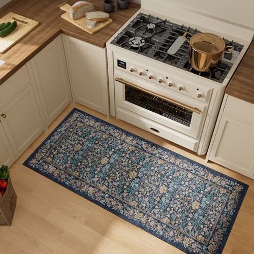 DUKINO 2x5 Rug Runner, Washable Vintage Floral Bathroom Rugs, Dark Blue