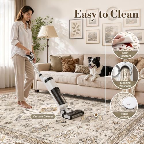 cotiled 5x8 Area Rug for Living Room, Washable, Traditional, Beige