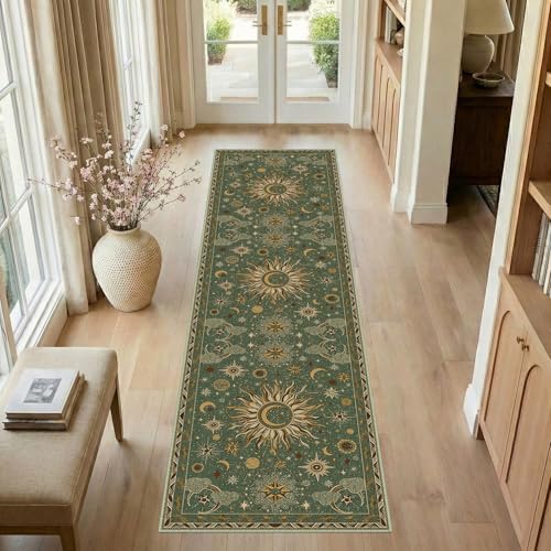 Vacuum-Friendly, 2x8 Washable Area Rug, Green Brown
