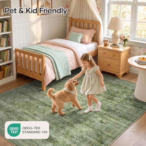 8x10 Area Rug for Living Room, Non-Slip Washable Large Carpet, Forest Green