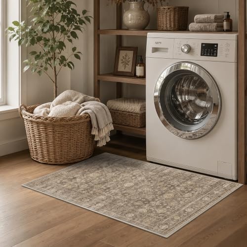 JOOJA 8x10 Neutral Tan Vintage Soft Low Pile Boho Washable Large Area Rug
