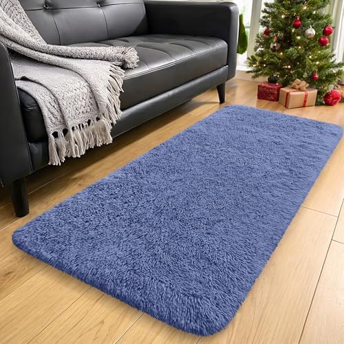 OLANLY 2x4 Machine Washable Runner Rugs for Hallway, Soft Fluffy Shaggy Bedside Rugs for Bedroom, Living Room, Indoor Floor Carpet for Kids Girls and Boys, Home Decor Aesthetic, Denim Blue