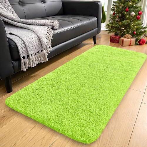 OLANLY 2x4 Machine Washable Runner Rugs for Hallway, Soft Fluffy Shaggy Bedside Rugs for Bedroom, Living Room, Indoor Floor Carpet for Kids Girls and Boys, Home Decor Aesthetic, Lime Green