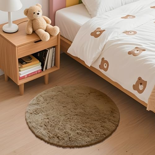 OLANLY Taupe Round Rugs for Bedroom - Machine Washable, 2 ft Circle Area Rugs for Living Room, Soft and Fluffy Shaggy Carpet for Teen Girl and Boys, Nursery Rooms, Dorms, Home Decor Aesthetic