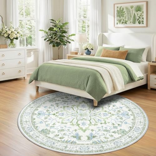 RELEANY Washable Area Rug, Round 7ft, Green/White/Blue