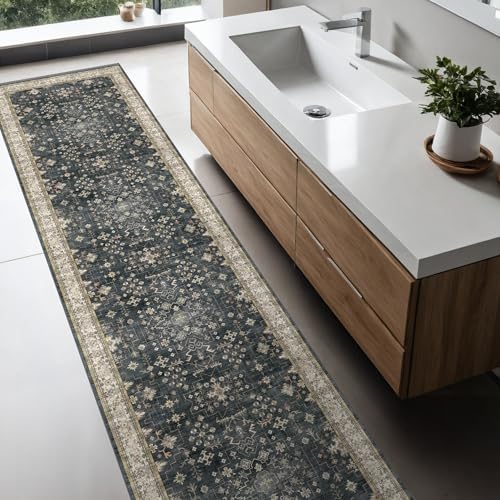 Black Boho Washable 2x10 Hallway Runner Rug - Extra Long Runners for Kitchen, Bathroom, Stair, Non-Slip Floor Carpet Rugs for Large Entryway Indoor, Vintage Multi Ashen Floral Decor