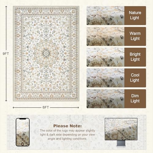 6x9 Area Rugs Living Room: Washable Vintage Rug for Bedroom Beige