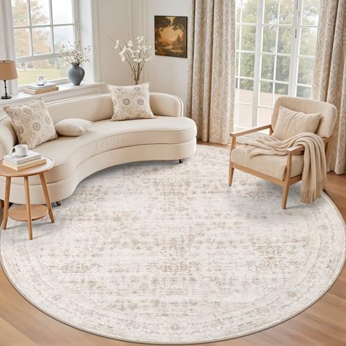 Round Area Rug for Living Room: 4ft Boho Washable Rug Beige Brown