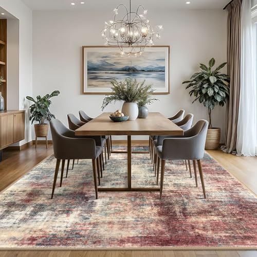 IOHOUZE Abstract Area Rugs 8x10 Ft Washable Large Rugs for Living Room, Non Slip Dining Room Rug, Printed Faux Wool Rugs for Bedroom, Floor Carpet for Office Nursery Playroom, Red/Multi