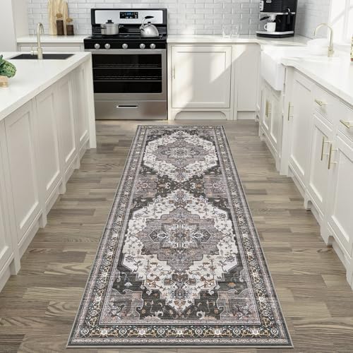 BEIMO Runner Rug for Hallway Kitchen, 2x10 Machine Washable Runners Rug for Entryway, Soft Modern Vintage Boho Throw Rugs, Low Pile Floor Cover with Non Slip Backing, Dark Gray