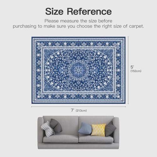 5x7 Area Rugs for Living Room, Washable Non-Slip Rug, Oriental Dark Blue