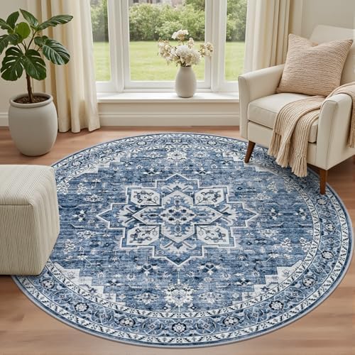 Round Area Rug for Living Room: 6ft Washable Rug for Bedroom Blue