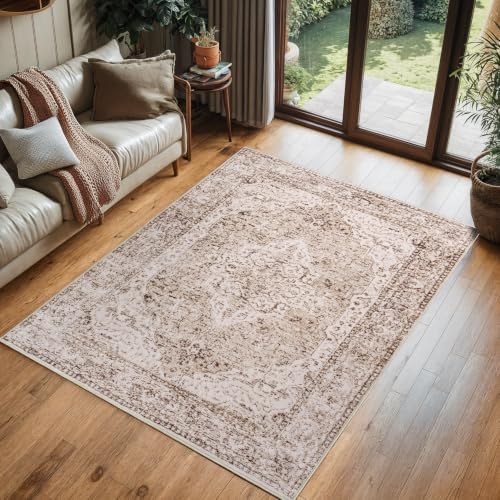 Lofus 3x5 Area Rugs for Living Room, Machine Washable Area Rug, Soft Small Rugs for Bedroom, Kitchen, Office and Indoor, Vintage Boho Carpet, Non-Slip Low Pile Carpets, Vintage Beige Brown