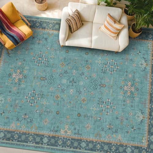 Boho 9x12 Large Teal Green Washable Living Room Rug - Vibrant Turquoise Rug for Bedroom Under Bed, Dining Room Under Table, Geometric Floral Low Pile & Soft Stain Resistant Carpet