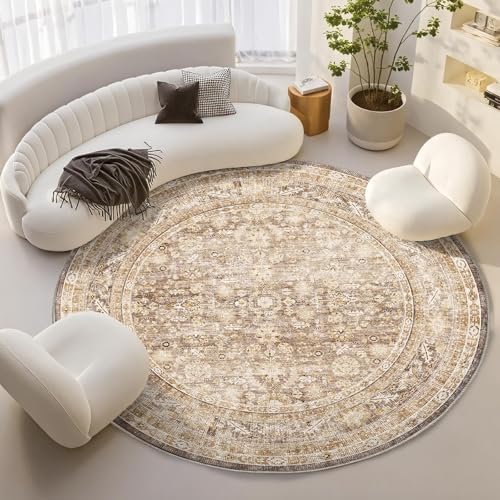 OPPODREAM Vintage Beige Area Rugs 6' Round, Washable Rug for Living Room