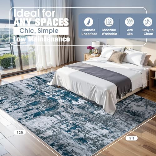 9x12 Area Rugs for Living Room Washable Bedroom Dining Room Navy Grey