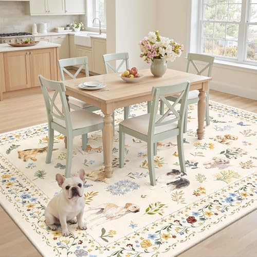 Soalmost Dog 5x7 Area Rugs for Living Room, Washable Animal Soft Rug Beige