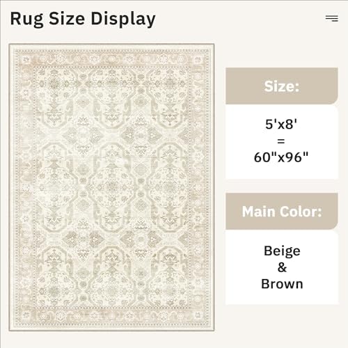 Soalmost 5x8 Area Rug Low Pile Washable Trendy Faded Style Rug, Beige/Brown