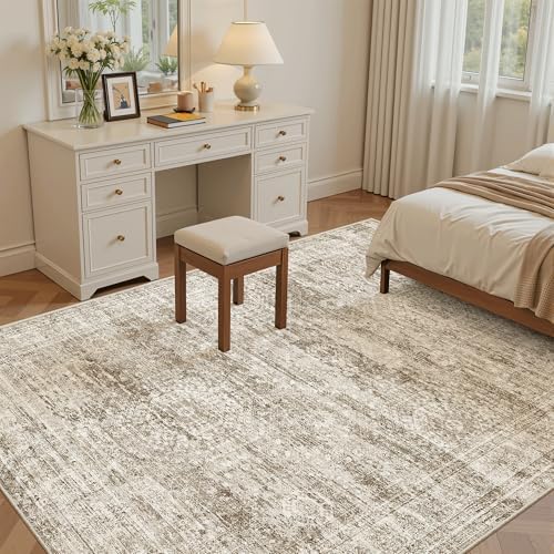 Soalmost 5x7 Area Rugs Brown Low Pile Washable Trendy Faded Style Rug