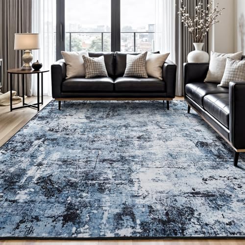 Rugflix 10x12 Area Rugs for Living Room, Washable Navy Blue Dark Large Rug