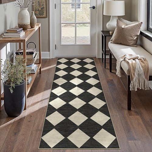 PureCozy Black 2x10 Washable Runner Rug Kitchen Non Slip Checkered Carpet