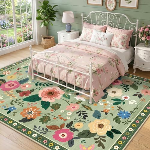 RELEANY Floral Washable 5x7 Area Rugs LightGreen