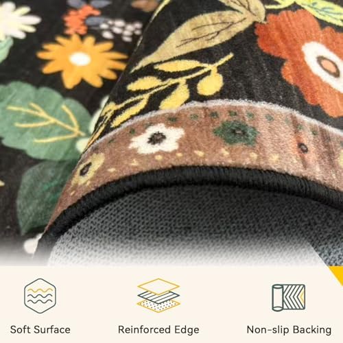 RELEANY Floral Washable 6x9 Area Rugs Black/Yellow