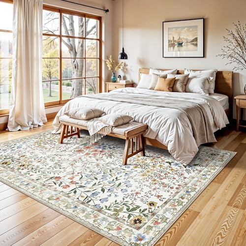 YOUFORTONG 6x9 Area Rug Dining Room: Washable Mat for Living Room Bedroom Office High Traffic Area - Soft Non Slip Indoor Carpet for Vintage Farmhouse Home Decor (6x9, Beige)