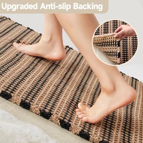 TYUU Waffle Runner Rug Bathroom, Long Boho Bath Mat, 60x24 Black & Khaki