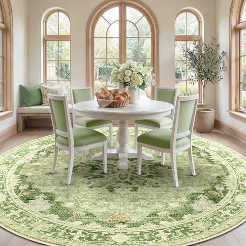 RELEANY Washable Area Rug, Round 8ft, Green/Yellow