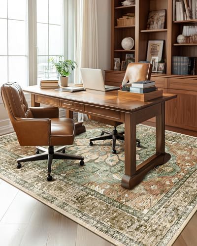 RELEANY Washable Area Rug, 6'x8', Brick/Brown/Green