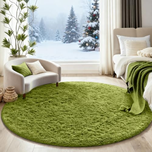 Ophanie Round Rug 5Ft Green Circle Area Rug, Green Room Decor, Fluffy Fuzzy Bedroom Carpet, Plush Soft Shaggy Living Room Rugs for Kids Home Decor Aesthetic, Nursery with Over 99 pcs Pile fibers