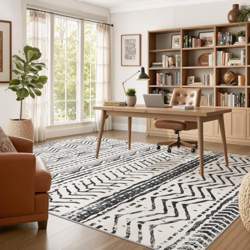 Nakagishi Black Rug Living Room Rugs: 9x12 Machine Washable Boho Large Neutral Modern Soft Moroccan Stain Resistant Indoor Floor Non Slip Accent Carpet for Bedroom Nursery Kids Playroom Office