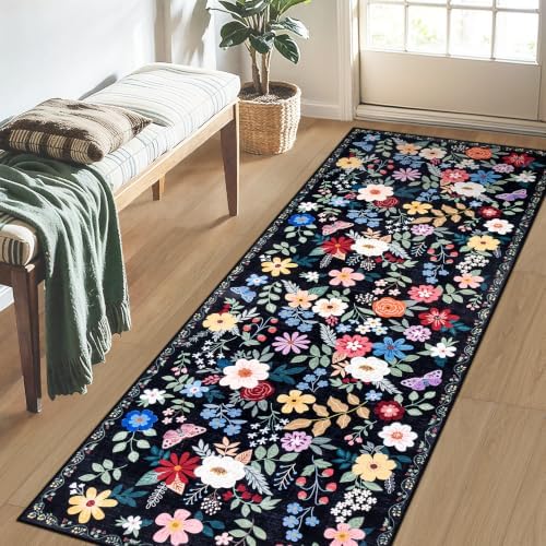 PLHXFR 2x5 Washable Runner Rug：Floral Indoor Kitchen Soft Carpet Black