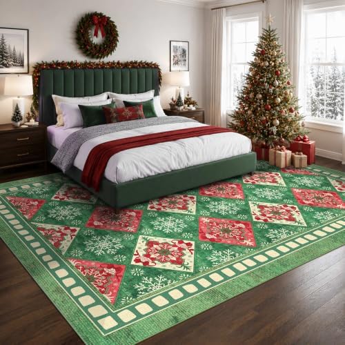 Green Christmas Area Rug 8x10, Large Checkered Washable Rug for Living Room